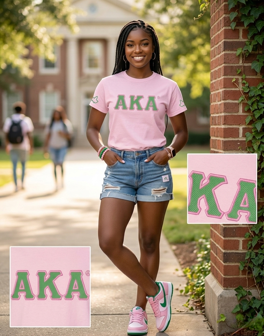 AKA Ivy Sleeve Embroidered T-Shirt | Pink & Green Sorority Tee | Summer Greek Apparel
