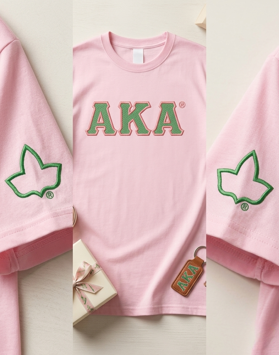 AKA Ivy Sleeve Embroidered T-Shirt | Pink & Green Sorority Tee | Summer Greek Apparel