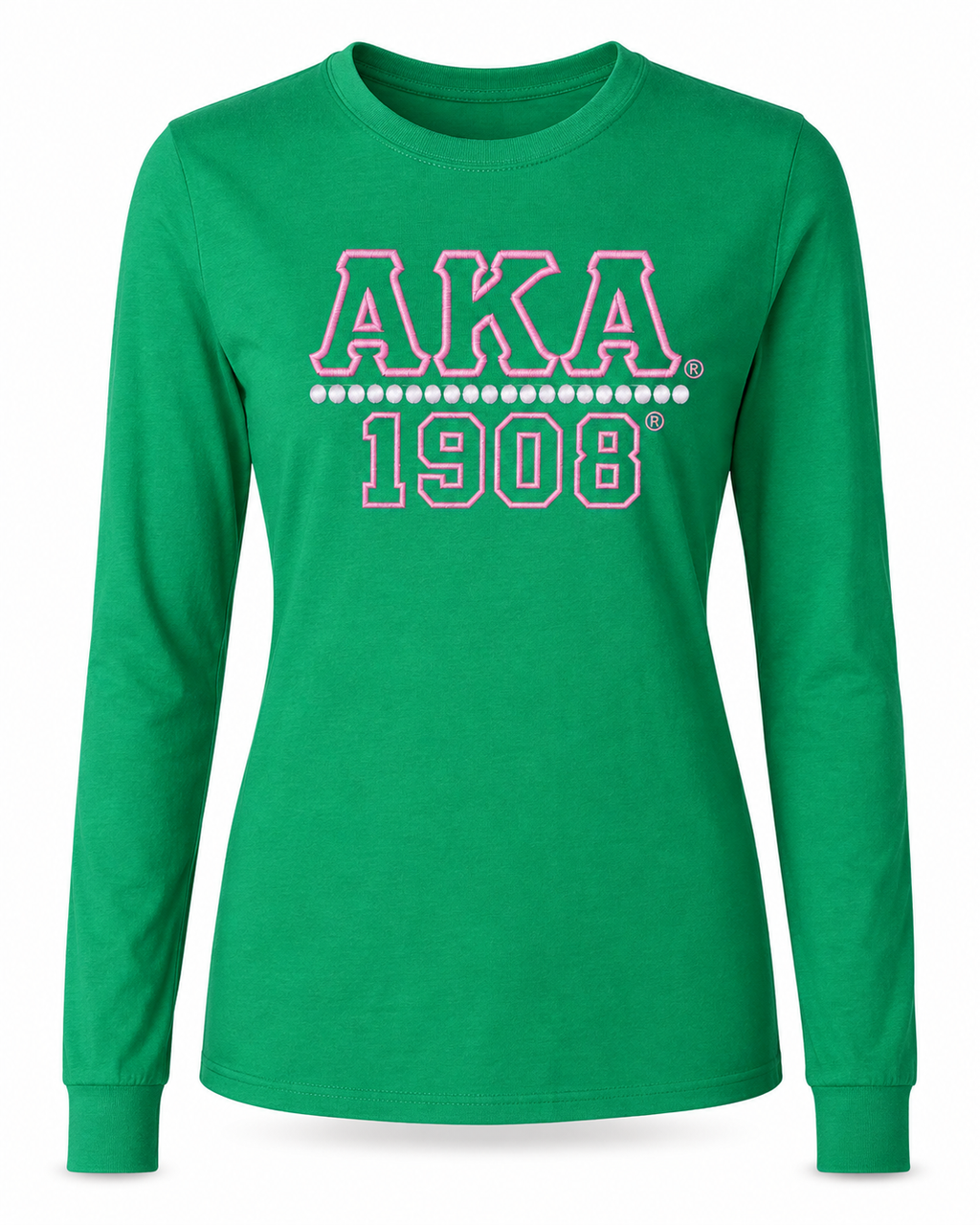 AKA® 1908® 20 Pearl Embroidered Women’s Long Sleeve Tee – Kelly Green